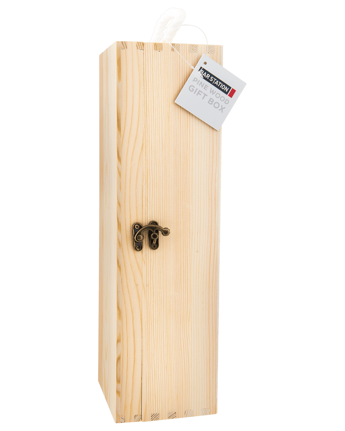 A pine wood gift box with a slot to hold a 750mL wine bottle, featuring a metal clasp and a white label on top.