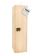 A pine wood gift box with a slot to hold a 750mL wine bottle, featuring a metal clasp and a white label on top.