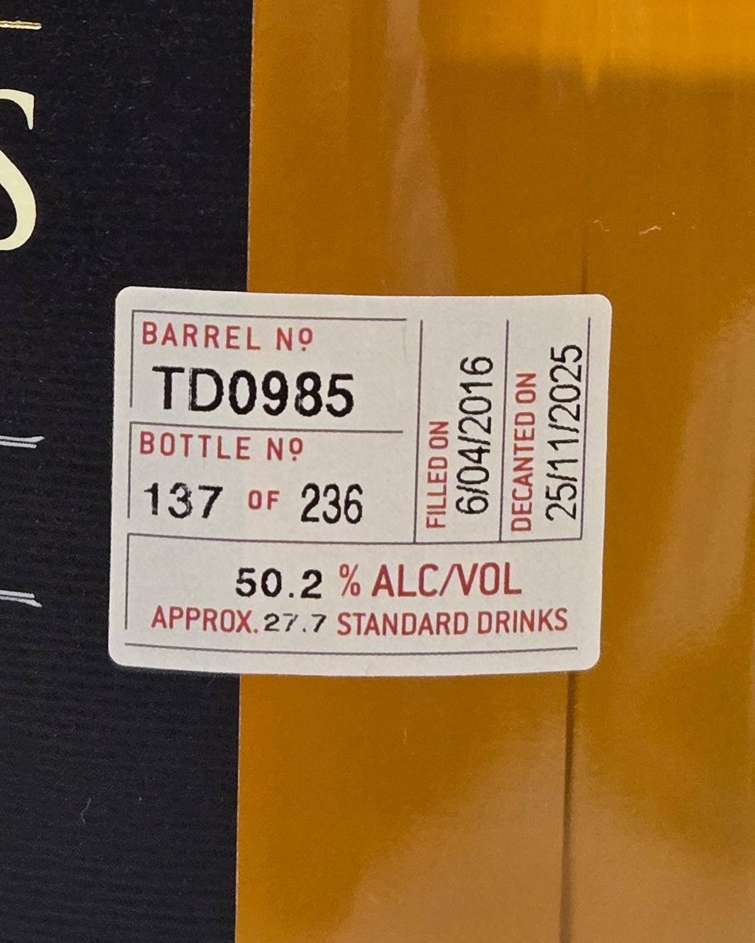 Sullivans Cove American Oak Ex-Bourbon Single Cask TD0985 Single Malt Whisky 700ml Gift Box